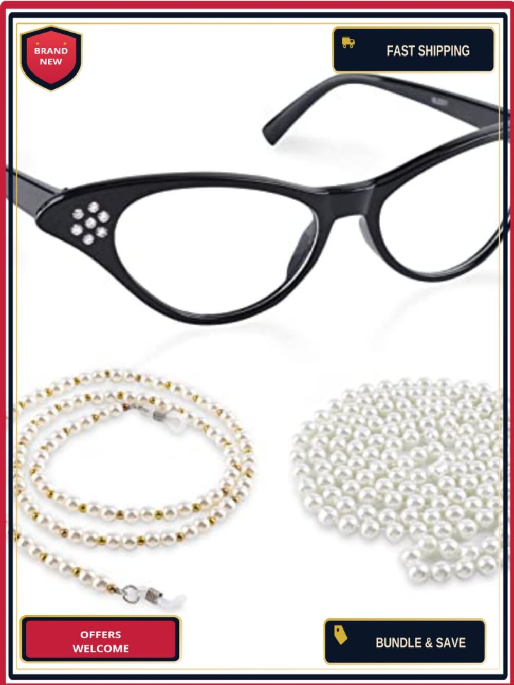 Cat Eye Glasses Pearl Necklace Set - 3 Piece Retro Old Lady Costume Accessories